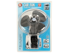 Ein schwarzer 8 Zoll 24V L�fter Car Fan mit Chromgitter und Klemmfu� in Blisterverpackung.