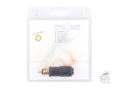 Schwarzer Normstecker mit goldenem Kontakt in transparenter Blisterverpackung. Beschriftung: 