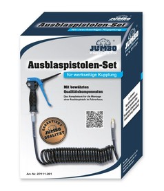 Ausblaspistolen-Set f�r werkseitige Kupplung: schwarze Pistole mit blauem Griff und schwarzem Wendelschlauch auf Box.
