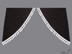 Schwarze LKW-Seitenscheiben-Schals aus Polyester mit wei�er Quastenborte.