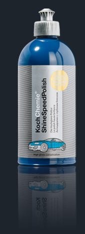 Blaue Flasche Koch Chemie ShineSpeedPolish Politur mit silbernem Pumpverschluss und Produktetikett.