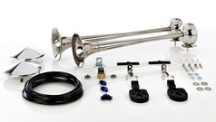 Zwei Lufth�rner aus Edelstahl mit passenden Deckeln und Installationskit, inklusive schwarzem Schlauch.