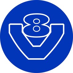 Blaues V8-Logo mit wei�er, leuchtender Umrandung f�r ein LKW-Schild.