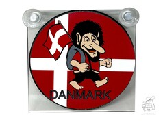 Leuchtkasten mit d�nischer Flagge, Troll-Motiv und Schriftzug DANMARK. Eckiges Schild mit runder bedruckter Fl�che und Saugern.