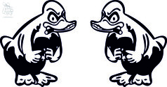 Ein Paar schwarzer und wei�er Rubberduck-Aufkleber mit w�tendem Ausdruck und Zigarre.