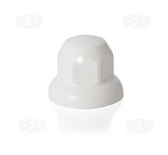 Wei�e Kunststoff-Radmutterkappe auf wei�em Hintergrund.