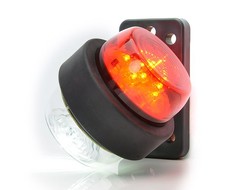 Rot-wei�e LED-Pendelleuchte mit schwarzem, beweglichem Fu�, auf wei�em Hintergrund.
