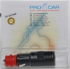 Schwarzer und roter Pro Car Universalstecker 16A in transparenter Verpackung. Aufdruck 