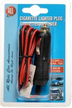 All Ride Zigarettenanz�nderkabel in Blisterverpackung. Schwarzer Stecker mit rot-schwarzem Kabel.