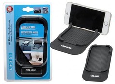 Schwarze Antirutschschale und Smartphone-Halter mit "UNI-MAT" Logo, teils in Verpackung.