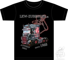Schwarzes T-Shirt mit LKW-Druck in Schwarz und Rot. Schriftz�ge: LKW-ZUBEHOER.de, Black Warrior, Autohof Berg.
