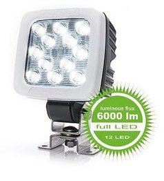 Wei�e Arbeitslampe mit 12 LEDs und 6000 Lumen auf Metallhalterung.
