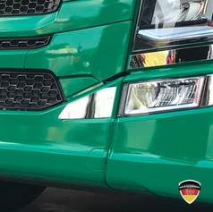Zweiteilige, spiegelpolierte Edelstahl-Blende 1 an der Front eines gr�nen Scania LKW.