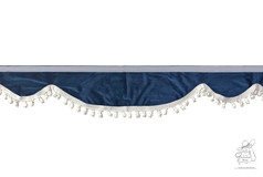 Dunkelblaue Velour Bord�re f�r LKW mit tiefer Welle und wei�en Bommeln.