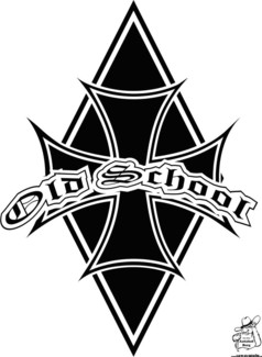 Schwarzes Old School Kreuz mit wei�em Rand und dem Schriftzug 