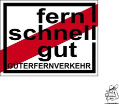 Aufkleber mit schwarzem Text "fern schnell gut G�TERFERNVERKEHR" auf wei�em Grund mit roten Streifen.