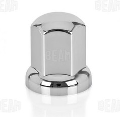 Eine einzelne, lange, chromfarbene Radmutterkappe "BEAM" aus Kunststoff auf wei�em Hintergrund.