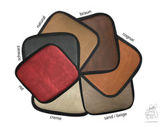 Farb�bersicht: Glattes Kunstleder in Rot, Schwarz, Natural, Braun, Cognac, Sand/Beige und Creme.