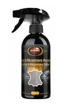 Schwarze Spr�hflasche Autosol Leder & Alcantara Reiniger. Das Produkt reinigt Leder und Alcantara effektiv.