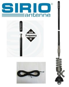 Sirio CB Antennen-Set: Schwarze Antenne mit Feder, Fu� und Fl�gelschraube, sowie aufgerolltes Kabel.