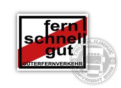 TJ Aufkleber "fern schnell gut" mit wei�em Hintergrund, rotem Streifen und schwarzem Text "G�TERFERNVERKEHR".