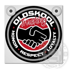 Wei�e Leuchtkastenplatte mit Oldskool Trucking Motiv, H�ndedruck und den Worten Honor, Respect, Loyalty.
