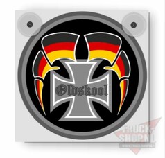 Quadratischer Leuchtkasten mit runder Grafik: Eisernes Kreuz, wehende Deutschlandfahnen und 