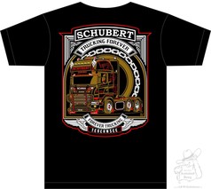 Schwarzes T-Shirt mit gro�em, gold-braunem Scania LKW-Motiv und Schriftz�gen 