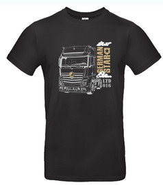 Schwarzes Baumwoll-T-Shirt mit wei�em LKW-Motiv und goldfarbenem "German Star" Schriftzug.