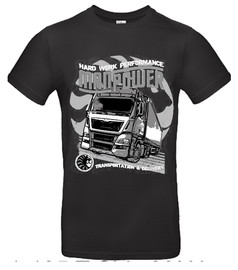 Schwarzes Baumwoll-T-Shirt mit gro�em, grauem LKW-Print und den Schriftz�gen "MANPOWER" und "HARD WORK PERFORMANCE".