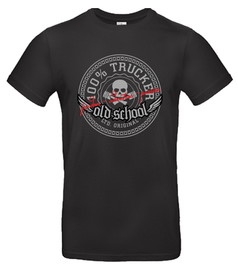 Schwarzes T-Shirt aus Baumwollmischgewebe mit gro�em, grauem "100% TRUCKER old school freedom" Aufdruck, Totenkopf und Fl�geln.