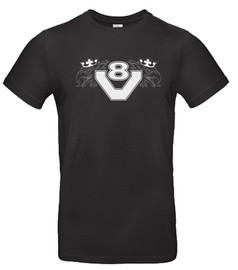Schwarzes Baumwoll-T-Shirt mit wei�em V8-Logo, flankiert von gekr�nten Vogelk�pfen.