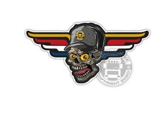 TJ Aufkleber Skull Wings: Grauer Totenkopf mit gelben Augen und grauer Kappe, umrahmt von gelb-rot-blauen Fl�geln.