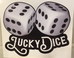 Aufkleber mit zwei wei�en W�rfeln mit schwarzen Punkten und dem Schriftzug "LUCKY DICE".