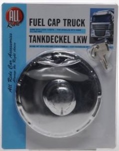 Gl�nzender, chromfarbener Tankdeckel f�r LKW, abschlie�bar, mit Schl�sseln in transparenter Verpackung.