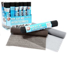Antirutschmatten 30x150cm in Braun, Grau und Schwarz, gerollt und ausgebreitet, mit Displaybox.