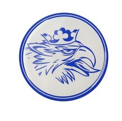 Runder, wei�er 3D Nabensticker mit blauem Rand und einem gekr�nten, b�sen Vogelkopf in Blau.