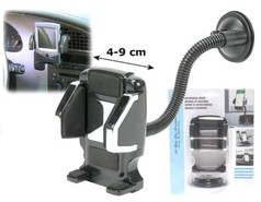 Schwarze Universal Halterung mit Chrom-Akzenten, Saugfu�, flexiblem Arm und Cliphalter. Einstellbar 4-9 cm.