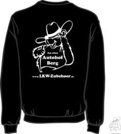 Schwarzes Autohof Berg Sweatshirt aus Baumwoll-Polyester-Mix mit wei�em Cartoon-Motiv und "Am alten Autohof Berg" Schriftzug.