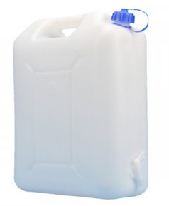 Transparenter Wasserkanister aus wei�em Kunststoff mit Tragegriff, blauem Deckel und Auslaufhahn.