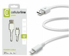 Wei�es cellularline Ladekabel (60 cm) f�r iPhone, iPad, iPod mit USB- und Lightning-Anschluss, neben der Verpackung.