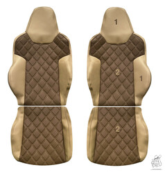Zwei Sets braun-beiger LKW-Sitzbez�ge mit gestepptem Mittelteil. Zeigt Farbmuster f�r individuelle Gestaltung.