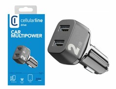 Dunkelgraues cellularline KFZ-Ladeger�t Multipower mit 2 USB-Anschl�ssen und 24W Leistung, in blauer Verpackung.