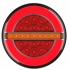 Runde LED-Aufbau-R�ckleuchte im Hamburger-Stil, rot mit orangefarbenem Mittelstreifen und schwarzem Rand.
