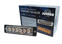 Orangefarbene Jumbo Blitzer Slim 6LED Blitzleuchte mit transparentem Glas und schwarzem Geh�use. Verpackung zeigt Chromrahmen.