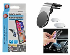 Silberner magnetischer Handyhalter f�r L�fterschlitz mit Zubeh�r. Zeigt die Befestigung im Auto.