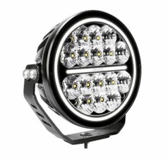 Runder Fernscheinwerfer Siberia Night Ranger 7 aus schwarzem Aluminium mit Polycarbonat-Linse, wei�em LED-Ring, LEDs und schwarzer Halterung.