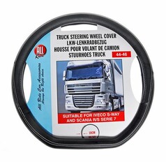 Schwarzer LKW-Lenkradschoner mit wei�en N�hten, Gr��e 44-46, passend f�r Scania R/S Serie 7 und Iveco S-Way.