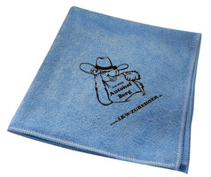 Hellblaues Mikrofasertuch mit schwarzem LKW-ZUBEHOER Logo und Cartoon-B�r Aufdruck.