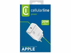 Wei�es cellularline Ladenetzteil (20W USB-C) in blauer Verpackung. Aufdruck: "Designed for Apple".
